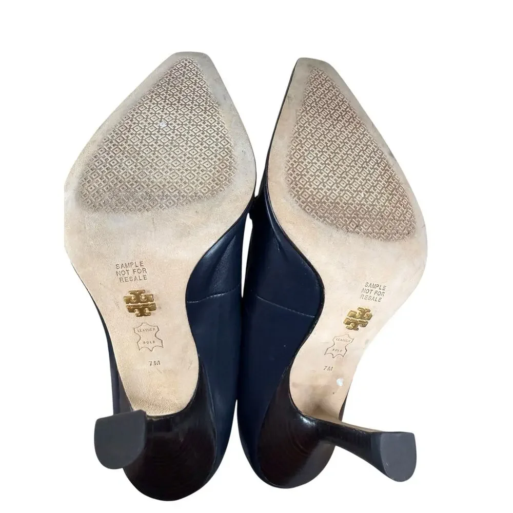 Tory Burch Jessa Pointed Toe Leather Pumps Navy Gold Chain Heels Size 7M
